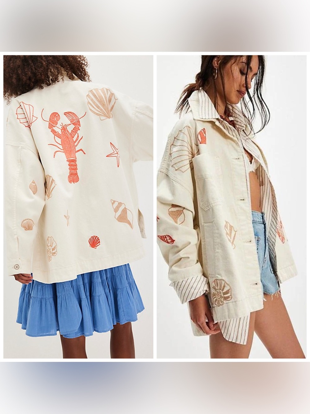 Free People Madison City Jacket Embroidered Lobster Sea Shell Fish Tofu XL